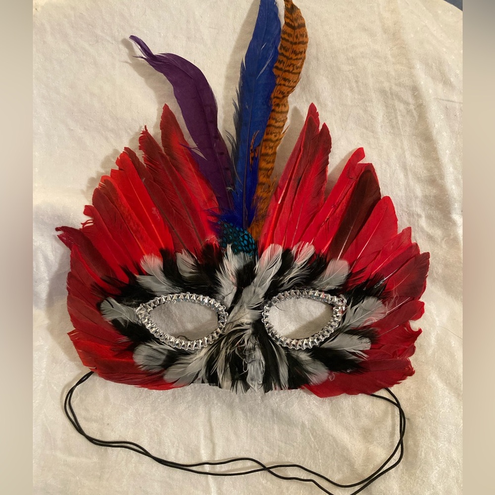 NWT Feather Mask Mardi Gras Masquerade, COSTUME Party Mask RED MULTI